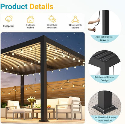 Louvered Pergola, 10' x 12' Outdoor Pergola, Aluminum Frame Patio Gazebo with Adjustable Louvers Roof and Integrated Gutter System, Outdoor Hardtop Gazebo for Patio, Backyard, Deck, Garden, Dark Gray