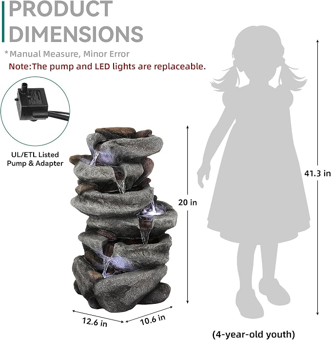 20" H Rock Outdoor Water Fountain with LED Lights | Unique 5-Tier Cascading Waterfall for Garden Patio Yard, Weather-Resistant Polyresin Water Feature for Tranquil Zen Oasis