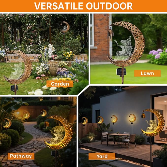 Solar Fairy Moon Figurine Light, Waterproof Garden Stakes Decor Outdoor Yard Decorations for Lawn, Patio,Yard, Pathway,Housewarming Ornament Gifts Ideas for Gardening Mom Grandma