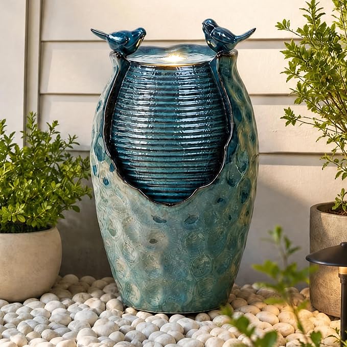 25" H Jar Ceramic Outdoor Fountain with Birds, Relaxing Water Feature | High-Fired Turqupise Glaze and Hammered Texture, Bird-Friendly Garden Fountain, Trickling Water Flow for Garden, Patio, Yard