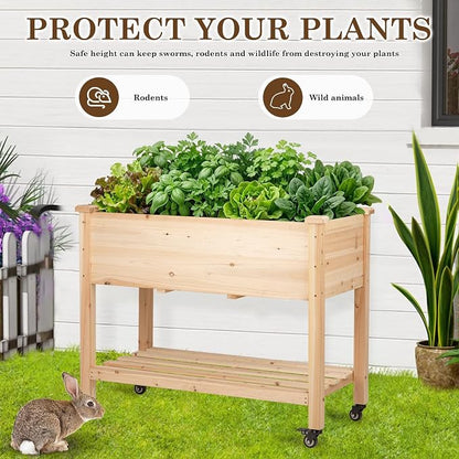 Raised Garden Bed with Lockable Wheels, 40x24x32 inch Elevated Wood Planter with Storage Shelf Protective Liner for Vegetable Flower Herb Outdoor Balcony Patio Backyard, Natural