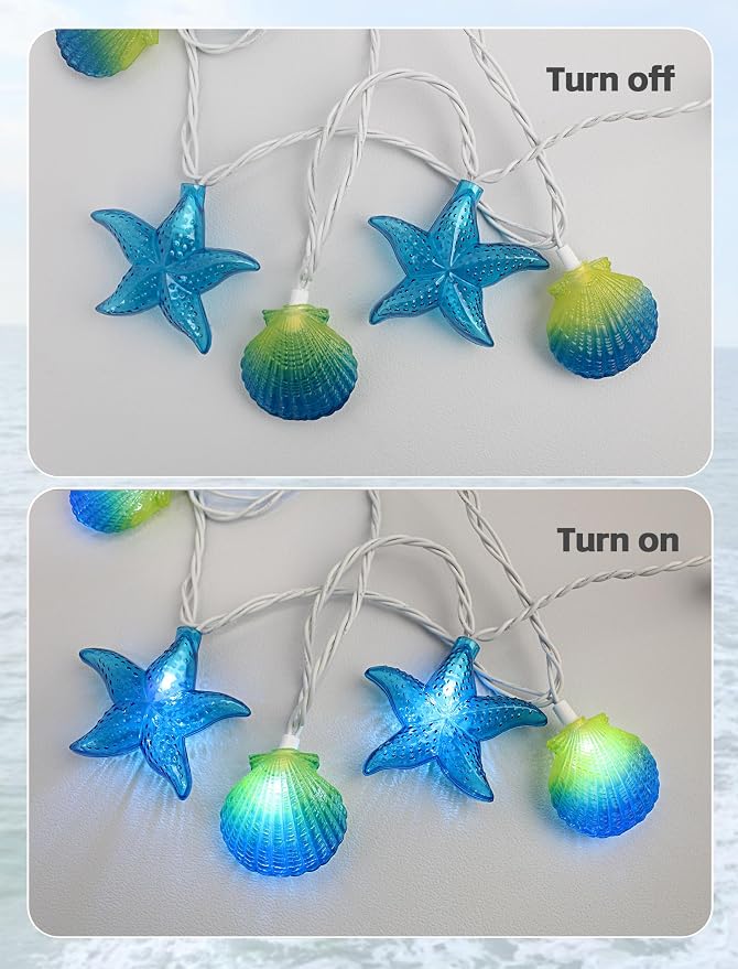 8.5Ft Beach Themed Seashell String Lights, 10L LED Starfish Seashell Lights Plug in for Boho Coastal Bedroom Seashell Party Nautical Party Holiday Decor, Indoor Outdoor
