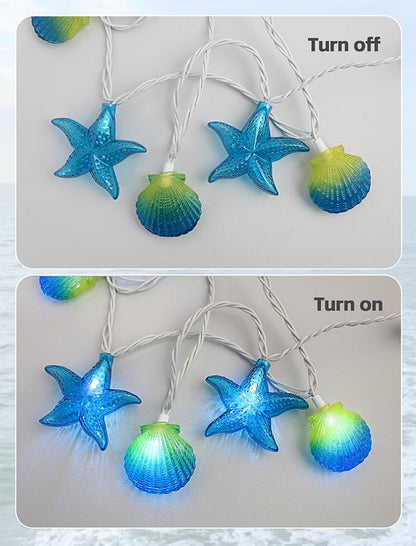 8.5Ft Beach Themed Seashell String Lights, 10L LED Starfish Seashell Lights Plug in for Boho Coastal Bedroom Seashell Party Nautical Party Holiday Decor, Indoor Outdoor