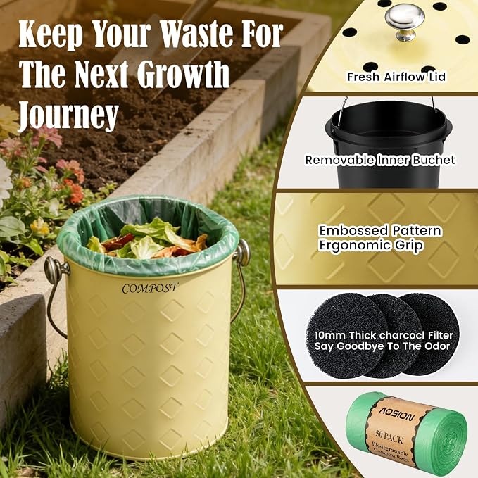 AOSION Countertop Compost Bin Kitchen,Odorless Indoor Compost Bin with Lid | 1 Gallon Composter Container,Removable Inner Bucket,50 Compost Bags,2 Carbon Filters,ideal for food scraps,coffee grounds