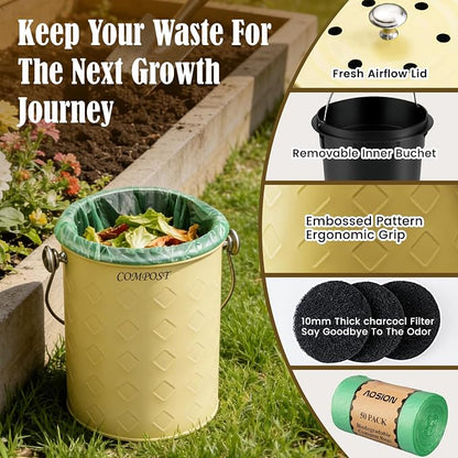 AOSION Countertop Compost Bin Kitchen,Odorless Indoor Compost Bin with Lid | 1 Gallon Composter Container,Removable Inner Bucket,50 Compost Bags,2 Carbon Filters,ideal for food scraps,coffee grounds