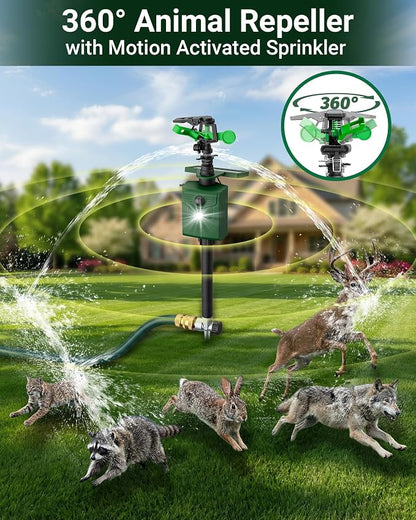 Motion-Activated Sprinkler, Solar Animal Repellent Outdoor - Deer Cat Deterrent with Motion Sensor & Flashing Lights, Protects Yard & Garden from Deer, Cats, Raccoons (2, Green)