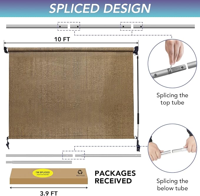 KANAGAWA Outdoor Roller Shade 10'X8' Walnut Exterior Cordless Patio Roll Up Shades for Outside Pergola Porch, Outdoor Blinds for Patio