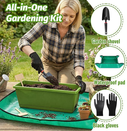 7 Pack Window Box Planters, 17 Inch Plastic Rectangular Flower Pots for Indoor/Outdoor Plants, Herbs, Vegetables, Includes Trowel, Waterproof Mat & Gloves(Light Green)