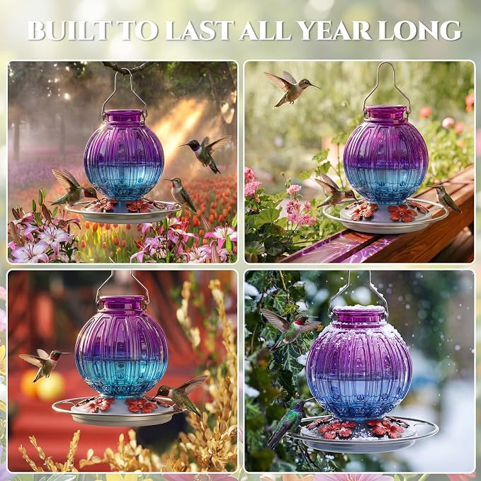 Glass Hummingbird Feeder for Outdoors Hanging, 26Oz Bird Nectar Feeder with Perch & 5 Flower Feeding Ports, Leak Proof for Outside Garden Decor Backyard, Gifts for Women Mom, Purple & Blue