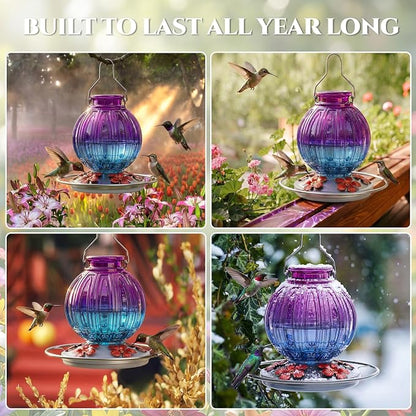 2 Pack Glass Hummingbird Feeder for Outdoors Hanging, Bird Nectar Feeder with Perch & 5 Flower Feeding Ports, 26 Oz Leak Proof for Outside Garden Decor Backyard, Gifts for Women Mom, Red + Purple Blue