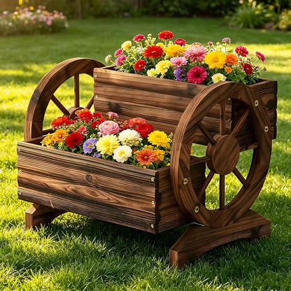 Wooden Wagon Planter Cute Garden Flower Pots Cart with wheels, Outdoor Decoration decor Indoor, Drainage hole, Garden decor for succulents herbs veggies for porch patio balcony (Carbonized, Medium)