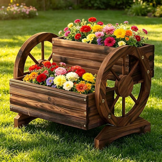 Wooden Wagon Planter Cute Garden Flower Pots Cart with wheels, Outdoor Decoration decor Indoor, Drainage hole, Garden decor for succulents herbs veggies for porch patio balcony (Carbonized, Medium)