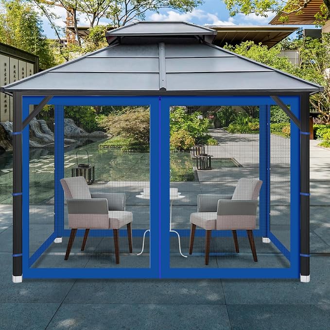 Gazebo Universal Replacement Mosquito Netting, Outdoor Mesh Netting Screen 4-Panel Sidewall with Zipper for Patio, Canopy, Garden and Backyard, Gray(Mosquito Net Only) (Blue, 10' x 12')