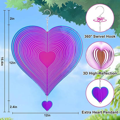Stainless Steel Wind Spinner Outdoor Garden Decor, Gifts for Women Mom, 3D Metal Reflective Hanging Wind Spinners Sculpture for Outside Patio Garden Yard Porch Decorations (Colorful Heart, 12 Inch)