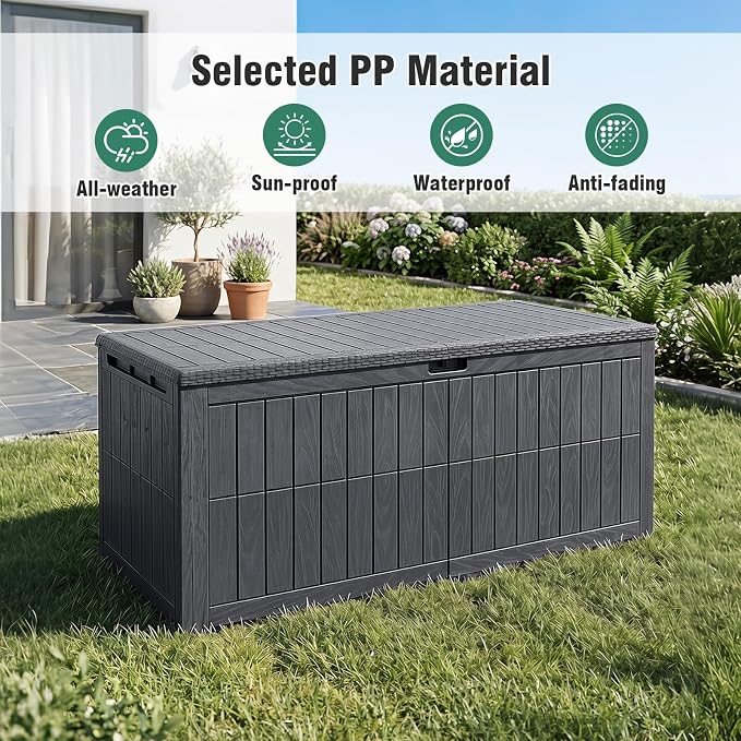 Tangkula 180 Gallon Outdoor Storage Box, Waterproof PP Resin Patio Storage Box with Lockable Lid for Indoor & Outdoor Use, 2-in-1 Rattan Design Deck Box for Cushions, Garden Tools
