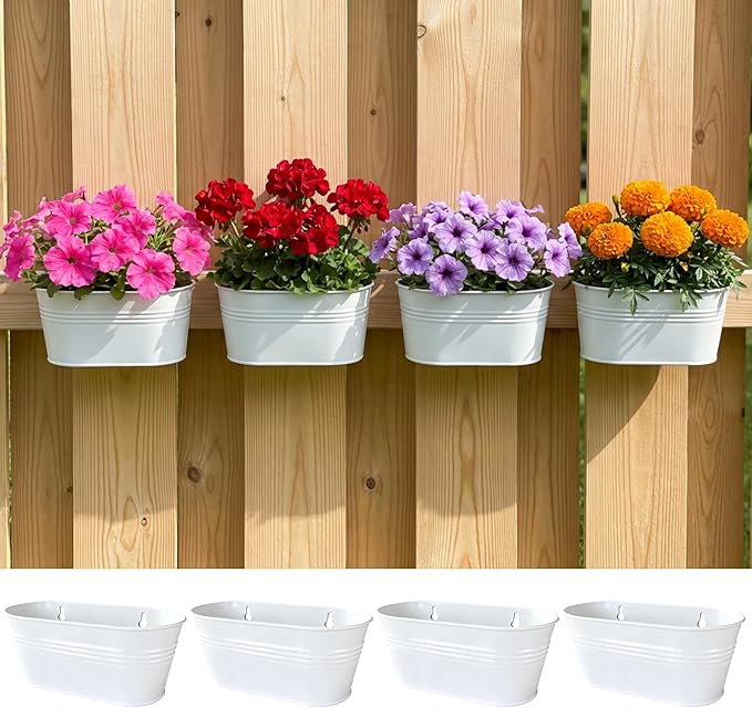 LaLaGreen Wall Planter (9.8 Inch, 4 Pack) White Oval Metal Wall Hanging Decor Flower Plant Holder Indoor Planters Mounted Balcony Pots Railing Fence Window Deck Decoration Porch Plants Pot Baskets