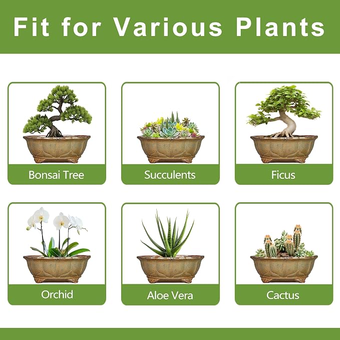 13.2 Inch Bonsai Planter - Ceramic Bonsai Pots with Drainage Hole, Succulent Pots for Indoor Outdoor Plants, Shallow Succulent Planters, Garden Decor, Gifts for Gardeners, Oval Yellowish Brown
