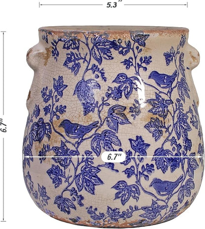 English Country Ceramic Multifunctional Planter, 6.7 Inch Vintage Flower Pot with Drainage Hole, Rustic Chinoiserie Vase & Utensil Holder, Farmhouse Kitchen Garden Decor, Housewarming Gift (Blue Bird)