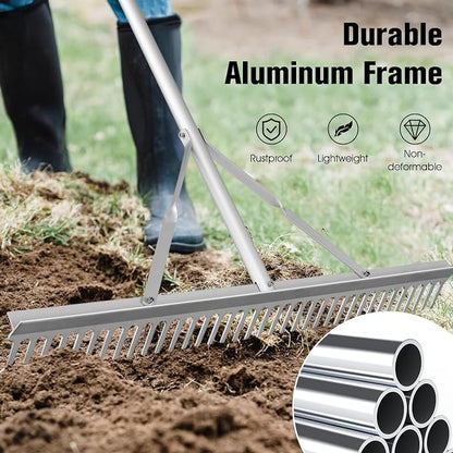 36” Landscape rake, Aluminum Garden with 36 Tines Head & 68” Non-Slip Long Handle, Double-Sided Metal Rake for Loosening Soil & Cleaning Weed, Leaf Rake for Garden Pond Beach Care