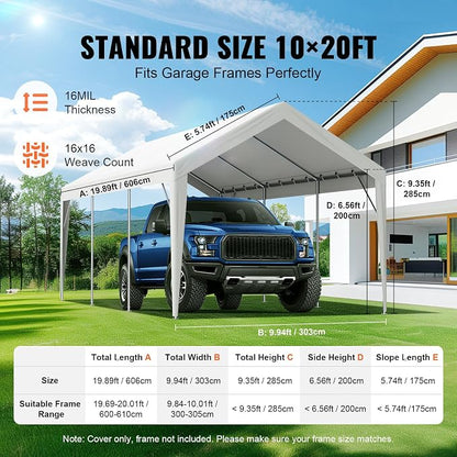 VEVOR Carport Replacement Canopy Cover, 10 x 20 ft, Ripstop Triple-Layer PE Fabric Garage Top Tarp Shelter Cover, UV Resistant Waterproof Car Cover Tent for Carports (Frame is not Included), White