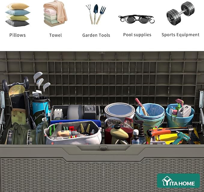 YITAHOME 80 Gallon Resin Deck Box | Weather Resistant Outdoor Rattan Storage Box, Lockable Indoor Outdoor Storage for Supplies and Essentials, Taupe