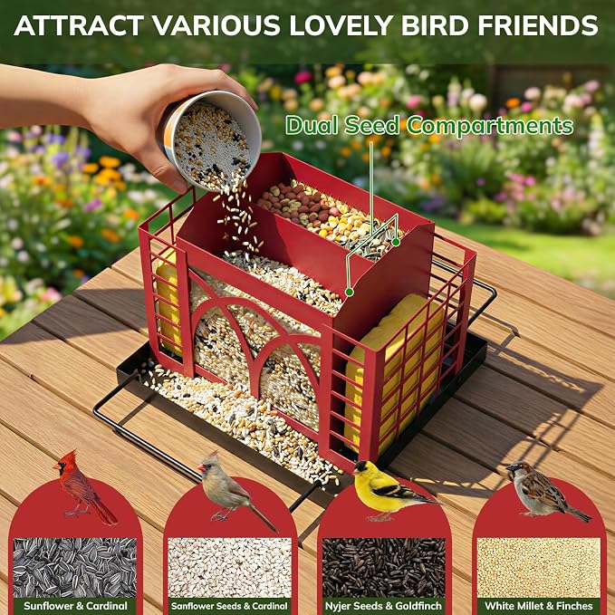 Bird Feeders for Outdoors Hanging, Metal Bird Feeder with Double Suet Cage Weatherproof Metal Roof, 3.5Lbs Large Capacity Great for Attracting Finch Cardinal Chickadee Wild Birds, Berry Red