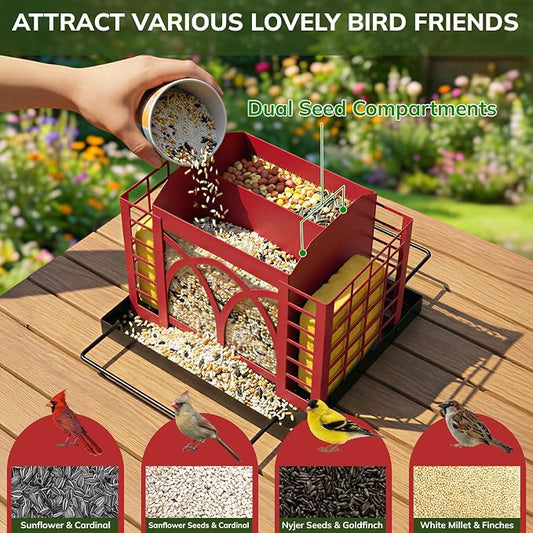 Bird Feeders for Outdoors Hanging, Metal Bird Feeder with Double Suet Cage Weatherproof Metal Roof, 3.5Lbs Large Capacity Great for Attracting Finch Cardinal Chickadee Wild Birds, Berry Red