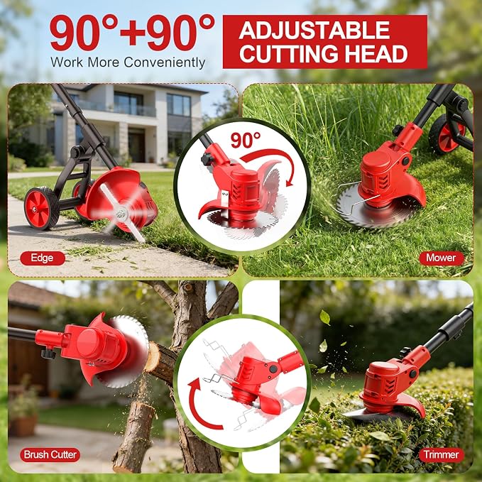 Electric Weed Wacker, 650W Cordless Weed Trimmer with Wheels, 2x2.0Ah 21V Battery Powered Weed Eater, String Trimmer Brush Cutter, Lawn Mower Edger Lawn Tool for Garden Yard
