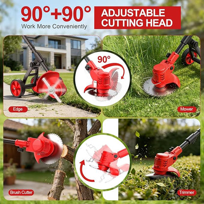 Electric Weed Wacker, 650W Cordless Weed Trimmer with Wheels, 2x2.0Ah 21V Battery Powered Weed Eater, String Trimmer Brush Cutter, Lawn Mower Edger Lawn Tool for Garden Yard