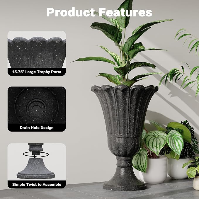 23" Tall Planters for Outdoor Plants Set of 2, Planter with Drainage Holes and Petal Design, Large Outdoor Planters for Porch, Garden, Indoor, Black