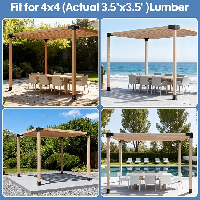 Heavy Duty Pergola Brackets Kit for 4"x 4" (Actual 3.5" X 3.5") Lumber | Anti-rust 3-Way Pergola Bracket with Black Powder Coated, Gazebo Hardware for Patio Backyard Outdoor