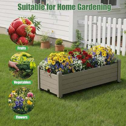 Raised Garden Bed with Wheels Outdoor, Resin Planter Box with Drain Hole and Water Level Detector for Backyard, Patio, Balcony, Gray(13.3" H)