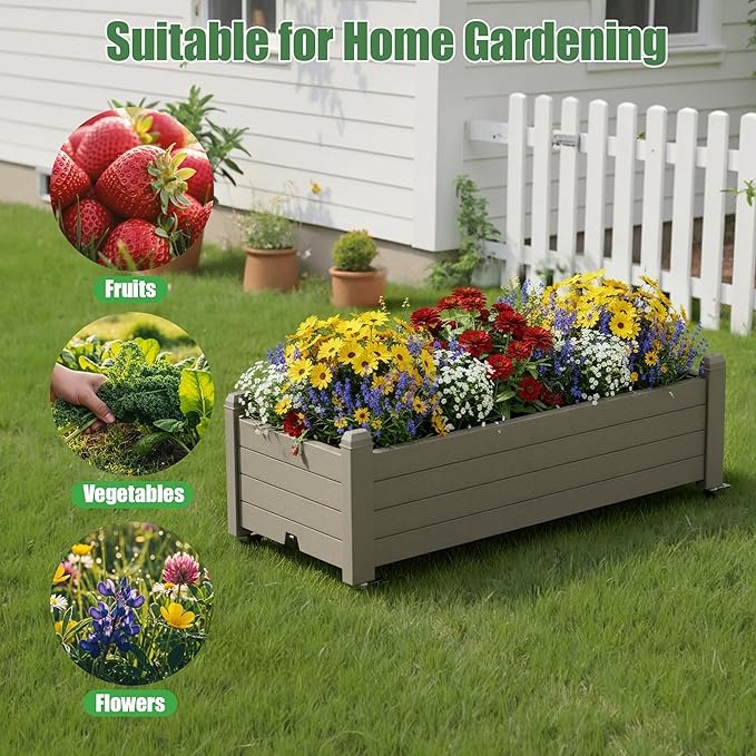 Fancyango Raised Garden Bed with Wheels 13.3" H -Gray | Resin Elevated Garden Planter Box with Drainage, Outdoor Planter Box for Veggies Herbs Patio Balcony Backyard