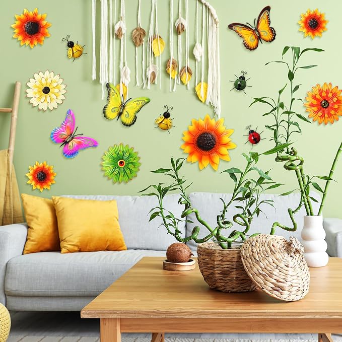 Beeveer 14 Pcs Metal Flower Decor 3D Sunflower Daisy Multicolored Garden Art Outdoor Decorations Butterfly Bee Ladybug Wall Art for Yard Fence Home
