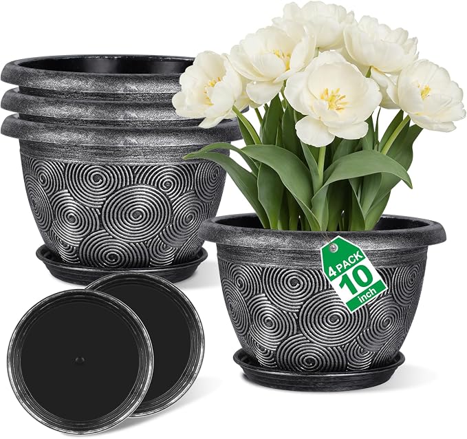 10-Inch -Plastic-Pots -For-Plant With Saucer, 4 Pack Outdoor Planters With Drainage Holes, Decorative Flower Pots For Indoor Plants, Modern 3D Swirl Silver Plant Pots With With Removable Tray