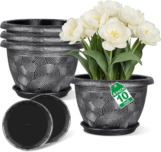 10-Inch -Plastic-Pots -For-Plant With Saucer, 4 Pack Outdoor Planters With Drainage Holes, Decorative Flower Pots For Indoor Plants, Modern 3D Swirl Silver Plant Pots With With Removable Tray
