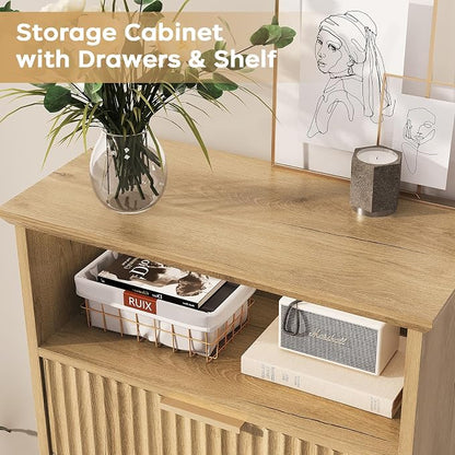 Fluted Buffet Cabinet with Storage, Modern Coffee Bar Cabinet with Drawer & Adjustable Shelf, Wood Sideboard Cabinet for Kitchen, Bathroom, Entryway and Living Room Natural