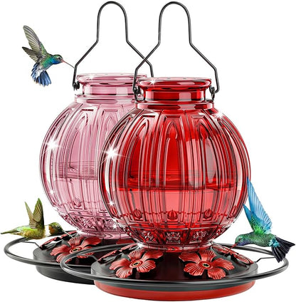 2 Pack Glass Hummingbird Feeder for Outdoors Hanging, Bird Nectar Feeder with Perch & 5 Flower Feeding Ports, 26 Oz Leak Proof for Outside Garden Decor Backyard, Gifts for Women Mom, Red + Pink