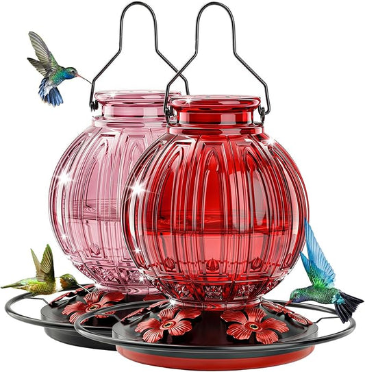 2 Pack Glass Hummingbird Feeder for Outdoors Hanging, Bird Nectar Feeder with Perch & 5 Flower Feeding Ports, 26 Oz Leak Proof for Outside Garden Decor Backyard, Gifts for Women Mom, Red + Pink