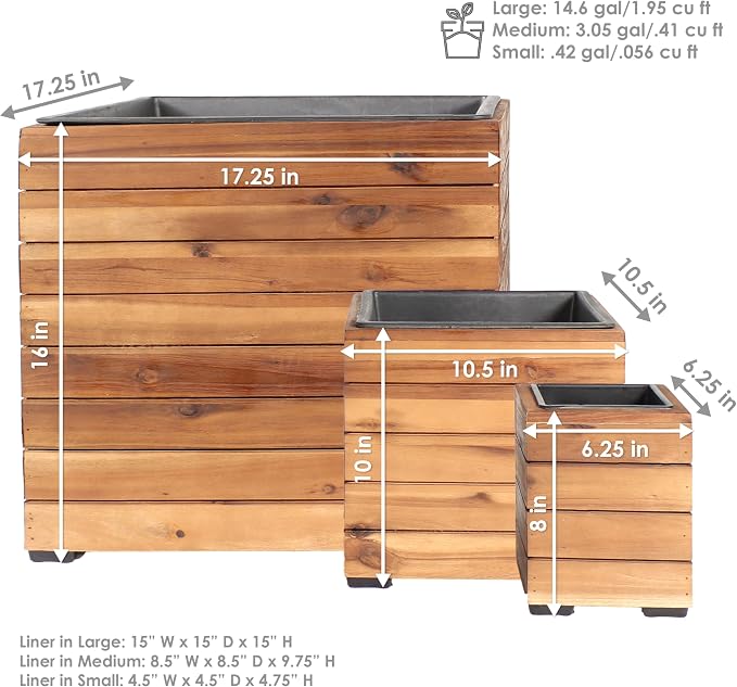 Sunnydaze Indoor/Outdoor Wooden Planter Boxes - 3 Acacia Wood Square Plant Pots with Removable Plastic Liners - Light Brown Stain