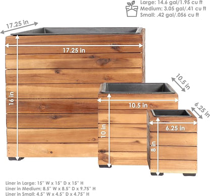 Sunnydaze Indoor/Outdoor Wooden Planter Boxes - 3 Acacia Wood Square Plant Pots with Removable Plastic Liners - Light Brown Stain