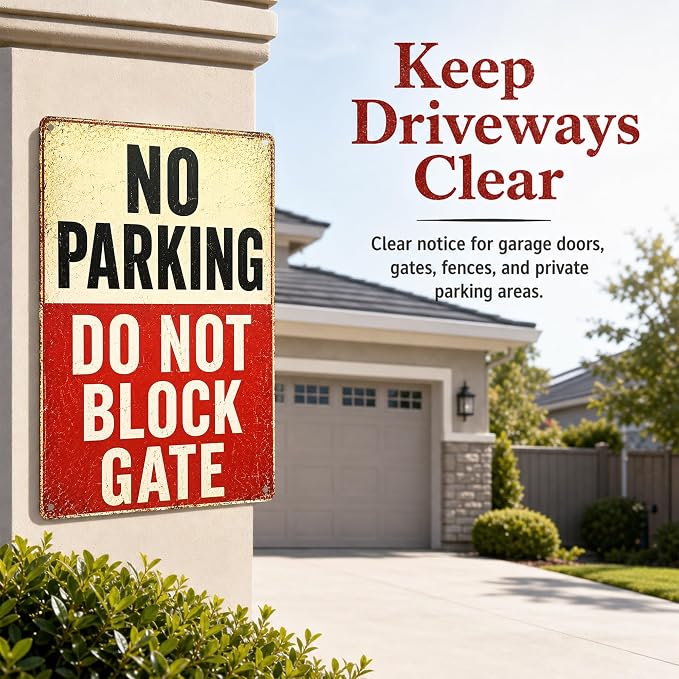 No Parking Tin Sign, 12 x 8 Inch Do Not Block Gate Aluminum Metal Wall Decor, Vintage Notice Sign for Driveway, Garage, Fence, Farm Entrance