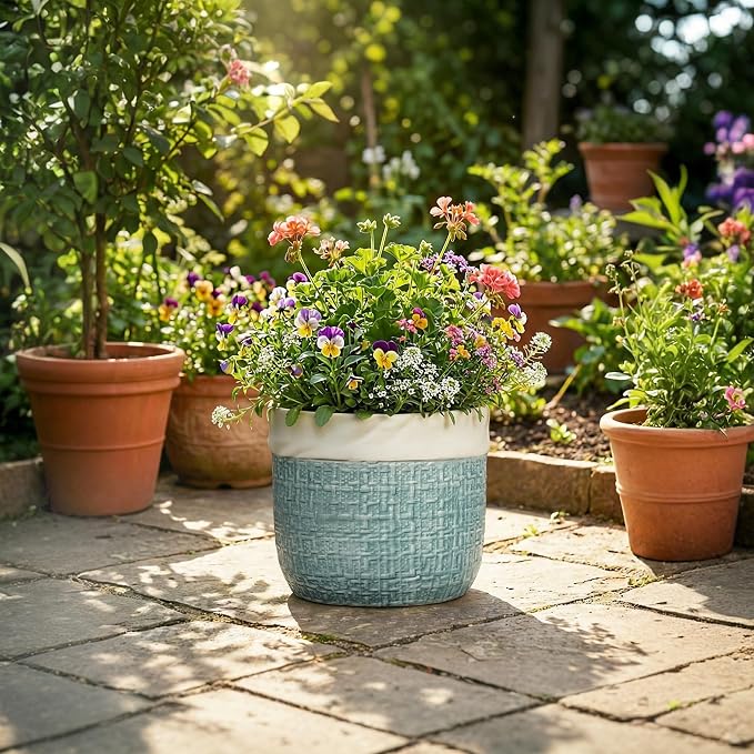 9.8 Inch Plant Pot - Ceramic Pots for Plants with Drainage Hole, Boho Plant Pots for Indoor Outdoor Plants, Decorative Round Planters, Porch Office Home Decor, Housewarming Gifts, Blue