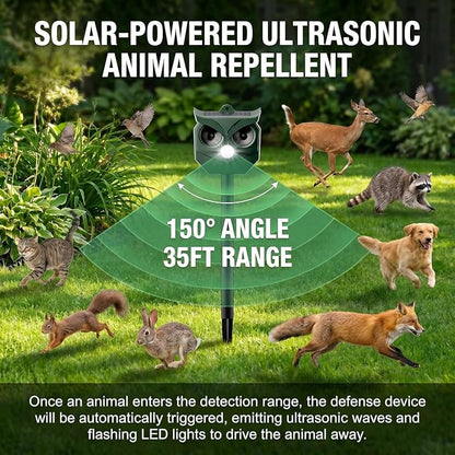 2 Pack Solar Ultrasonic Animal Repeller with Flashing LED Lights – Cat Deterrent Outdoor for Squirrels, Deer, Raccoons, Rabbits, Skunks, Dogs – Protects Garden, Yard, Lawn, Farm & Crops