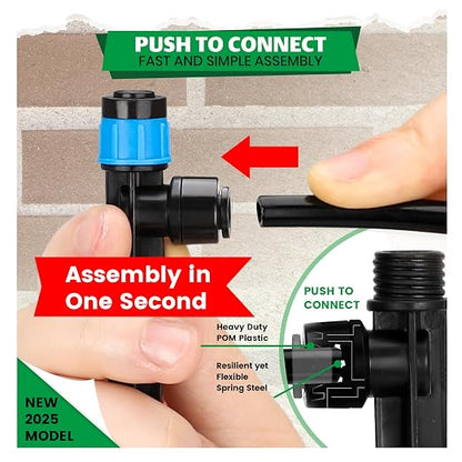Bonviee 40-Pack 1/4-Inch Quick-Connect Adjustable Drip Emitters, Vortex | Push-to-connect stakes provide adjustable 360-degree watering for pots, lawns, vegetable beds, and garden layouts.