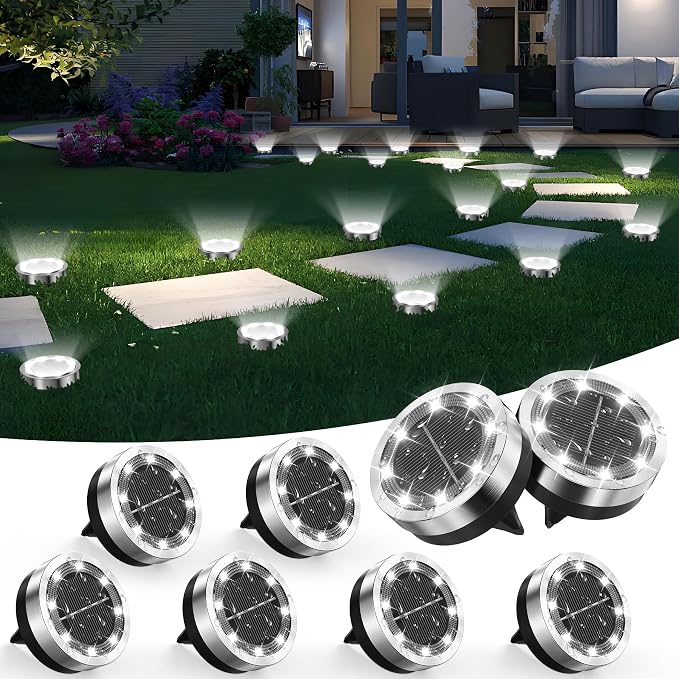 Solar Ground Lights Outdoor, 8 Pack Solar Lights Outdoor Waterproof, Mini Flat Solar-Powered Garden Light, Landscape Lighting for Garden Yard Lawn Pathway Walkway Driveway Backyard Decor, Cold White