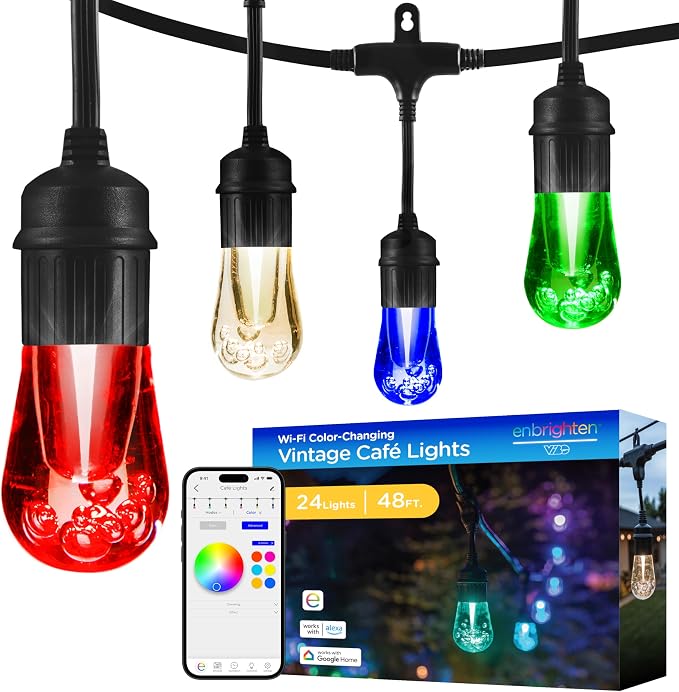 Enbrighten Vibe Vintage Outdoor String Lights Gen 2, 48ft, 24 RGBWIC Acrylic Bulbs, Weatherproof, Perfect for Gameday, Holidays, and More, Smart App Control, Compatible with Alexa, Google Home, 86128