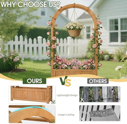 VINGLI Raised Garden Bed with Trellis & Hanging Roof, Wooden Planter Box with Drainage Holes for Outdoor Climbing Plants Vegetables Flowers, Patio Yard Balcony (Natural, Arched top)