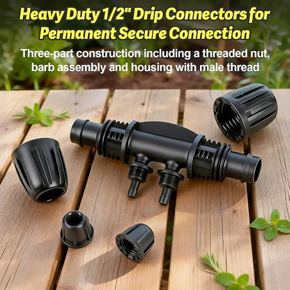 12 Pcs 1/2 Inch To 1/4 Inch Irrigation Tubing Fittings, 1/2"(1/2" ID x 0.65" OD) To 1/4" Drip Barbed Tee Adapter 16mm Anti-Drop Locked Nut T Reducer To 1/4" Distribution Line Connector