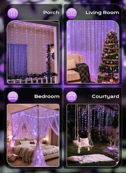Brightown 300 LED Purple Halloween Fairy Curtain Lights, 9.8ft x 9.8ft String Lights, USB Plug in 8 Lighting Modes Christmas String Hanging Lights with Remote for Bedroom Indoor Outdoor Party Xmas